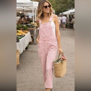NWT MOTHER The Simple Life Denim Overalls in Candy Stripe in white & Pink Size M